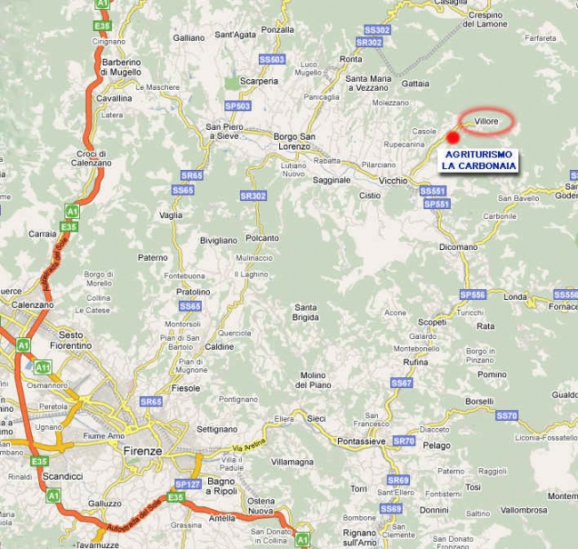 Location Map for La Carbonaia Farmhouse (Vicchio - 30 km northest of Florence)